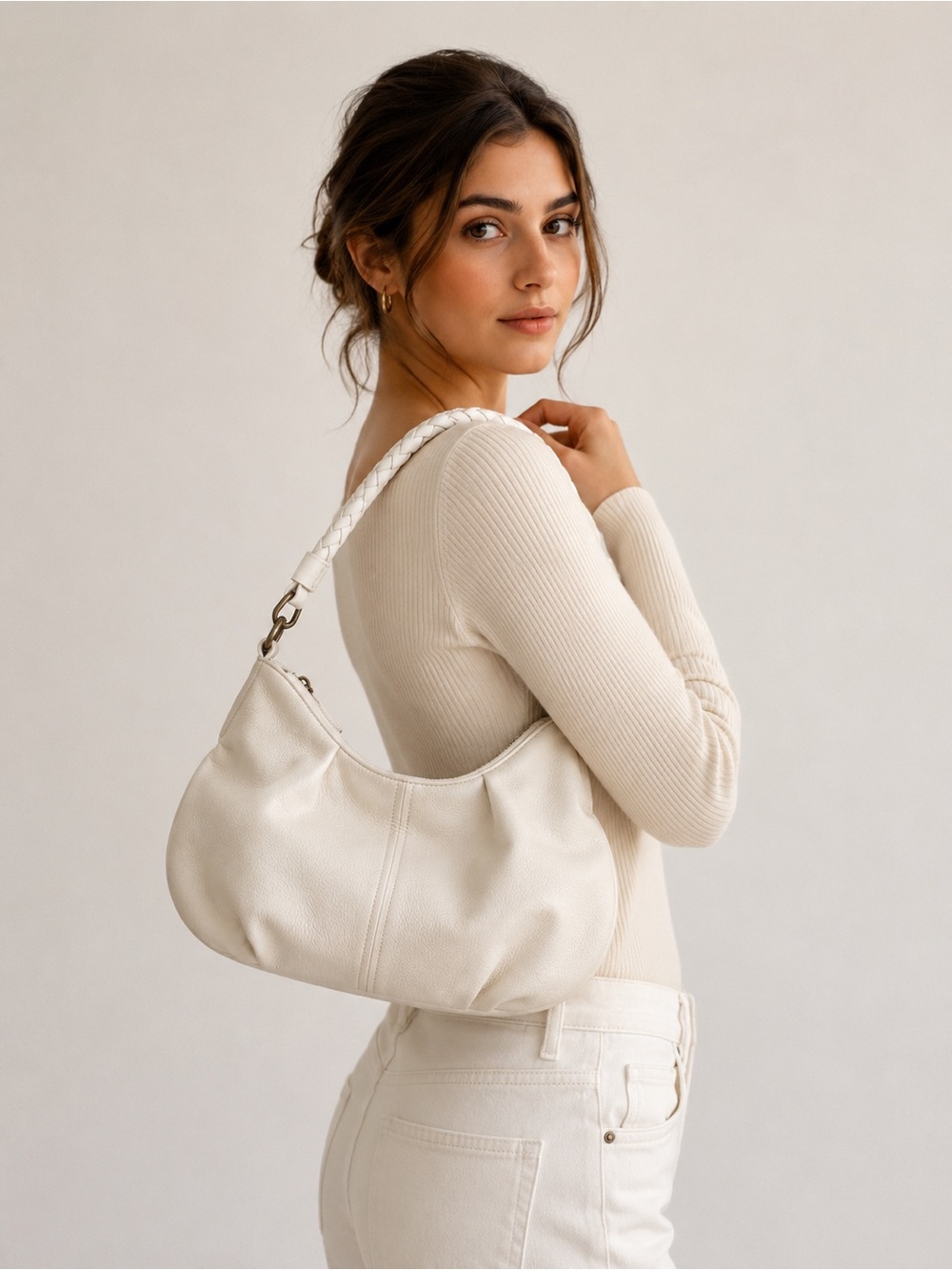 Talbots Ivory Pebbled Leather Hobo Bag Braided Strap Shoulder Purse